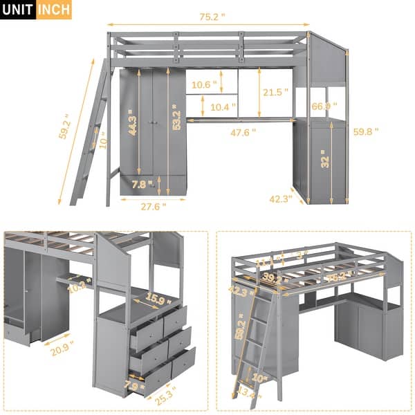 dimension image slide 0 of 2, Pine Wood Loft Bed with Wardrobe, Desk, and Swappable Ladder - Twin Size