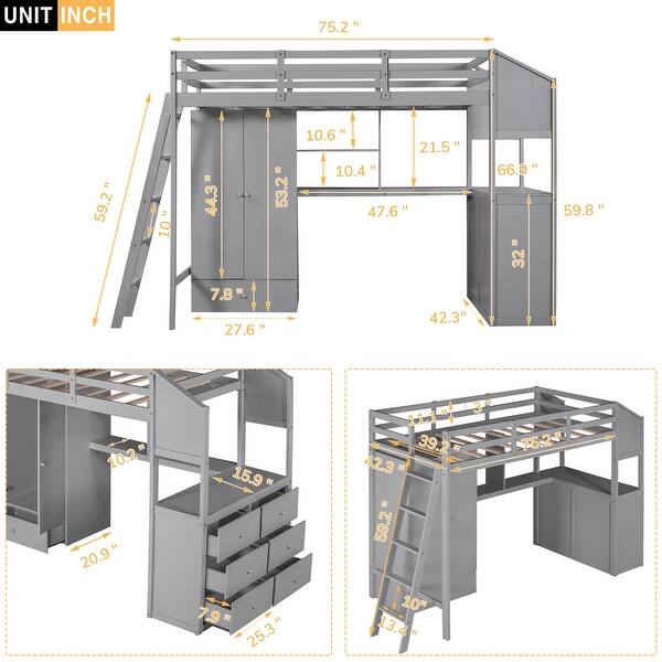 Twin Size Loft Bed with Wardrobe and Drawers, Attached Desk with Shelves
