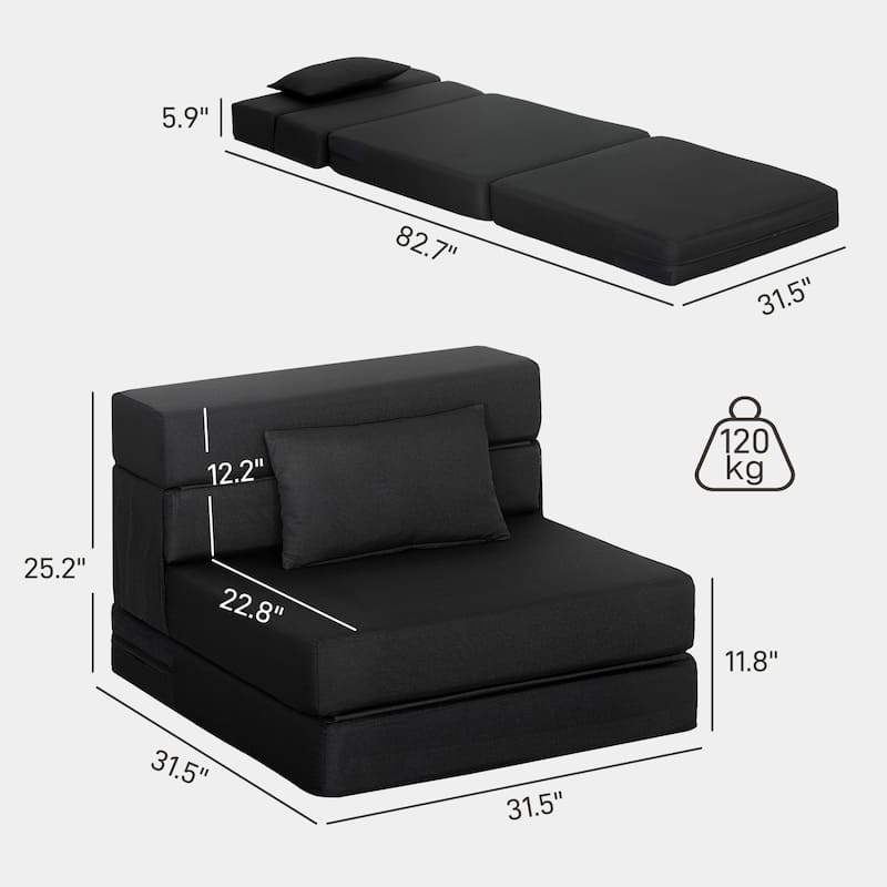 HOMCOM Folding Sofa Bed, Sleeper Chair with Pillow, Modern Linen Convertible Chair Bed, Fold Out Floor Futon Couch