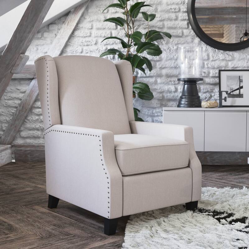 Push Back Wing Back Pocket Spring Recliner with Side Accent Nail Trim - Cream
