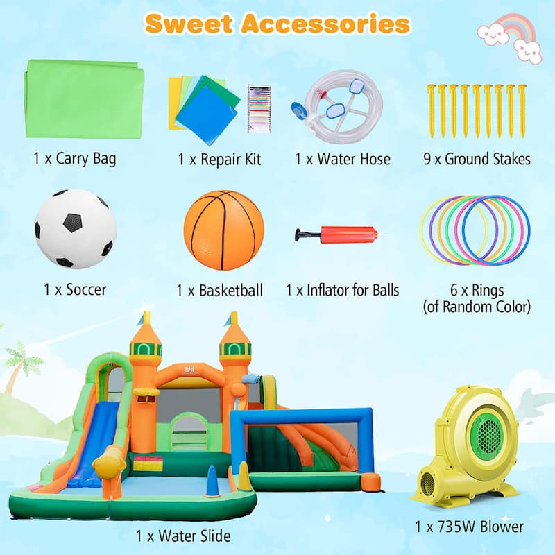 Gymax Kids Inflatable Water Slide Park w/735W Blower Basketball Rim