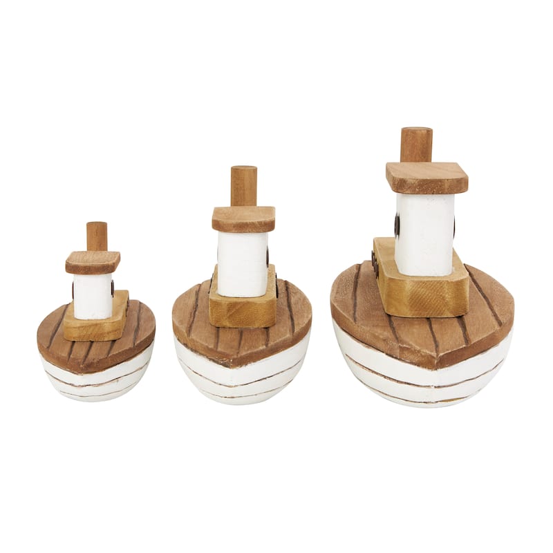 Wood Boat Handmade Sculpture with White Accents - Set of 3 Brown - Roche River Decor - 4"W x 9"L x 6"H
