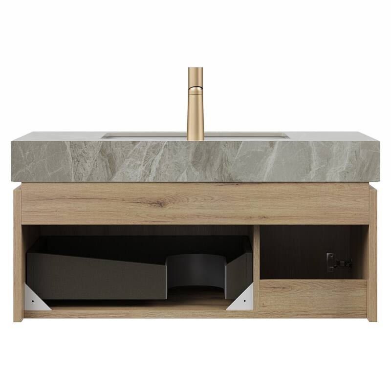 30"/36"/48" Wall-Mounted Bathroom Vanity with Ceramic Sink, Sintered Stone Countertop Floating Bathroom Storage Cabinet