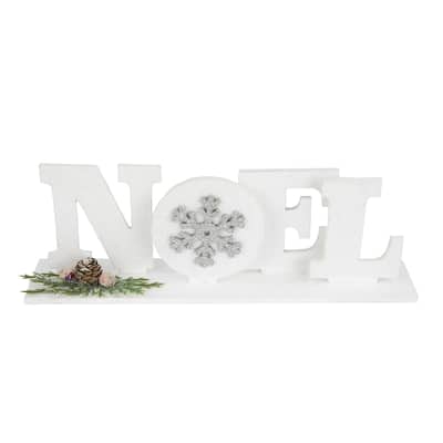 10.25" White and Silver Noel and Snowflake Christmas Sign with Holly
