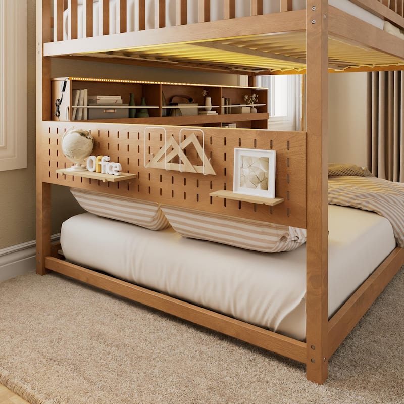 Full XL over Queen/Full over Full Bunk Bed with Integrated Shelving, Color-Changing Lights & Pegboard