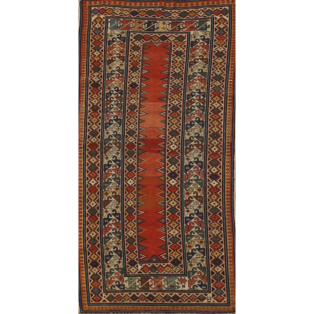 Hand Knotted Oriental 100% Wool Carpet Traditional Geometric Oranges & Rust Kazak Area Rug - 8' 4'' X 3' 6''