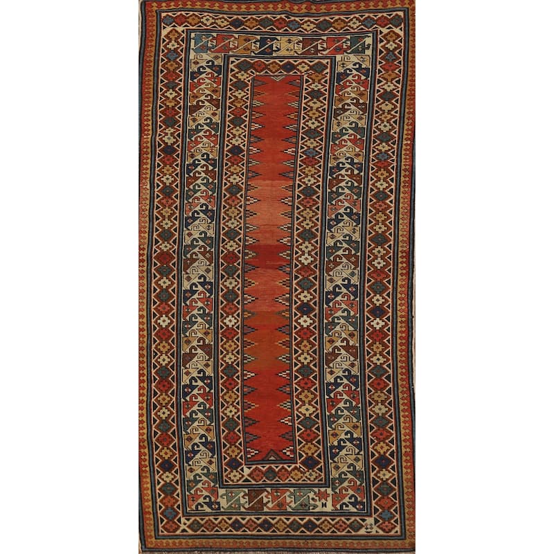 Hand Knotted Oriental 100% Wool Carpet Traditional Geometric Oranges & Rust Kazak Area Rug - 8' 4'' X 3' 6''