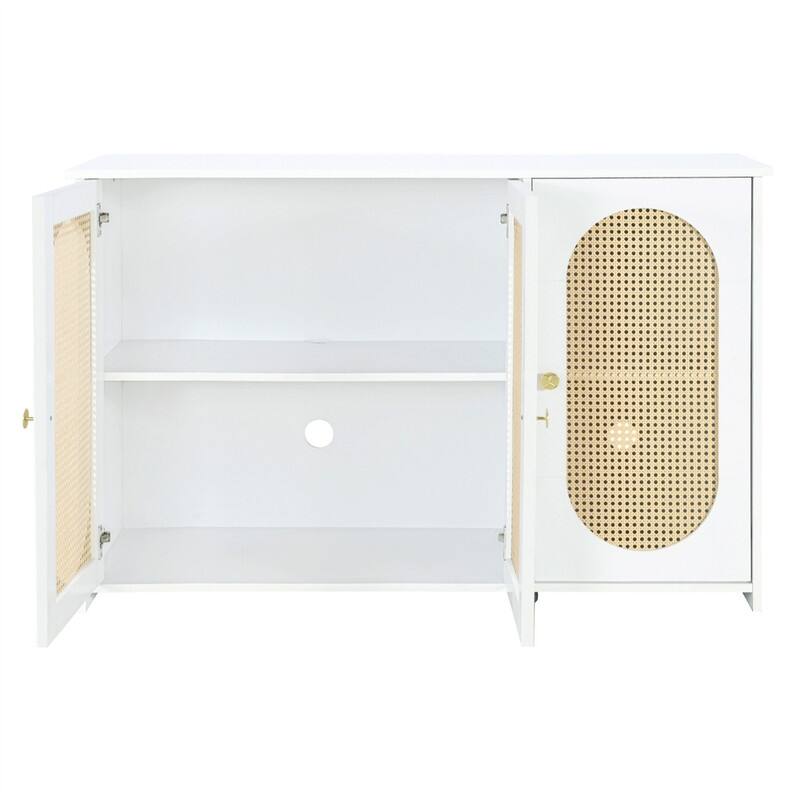 Retro 3-Door Sideboard with PVC Rattan Doors and Metal Handles, Buffet Cabinet Accent Storage Cabinet with Storage Shelves