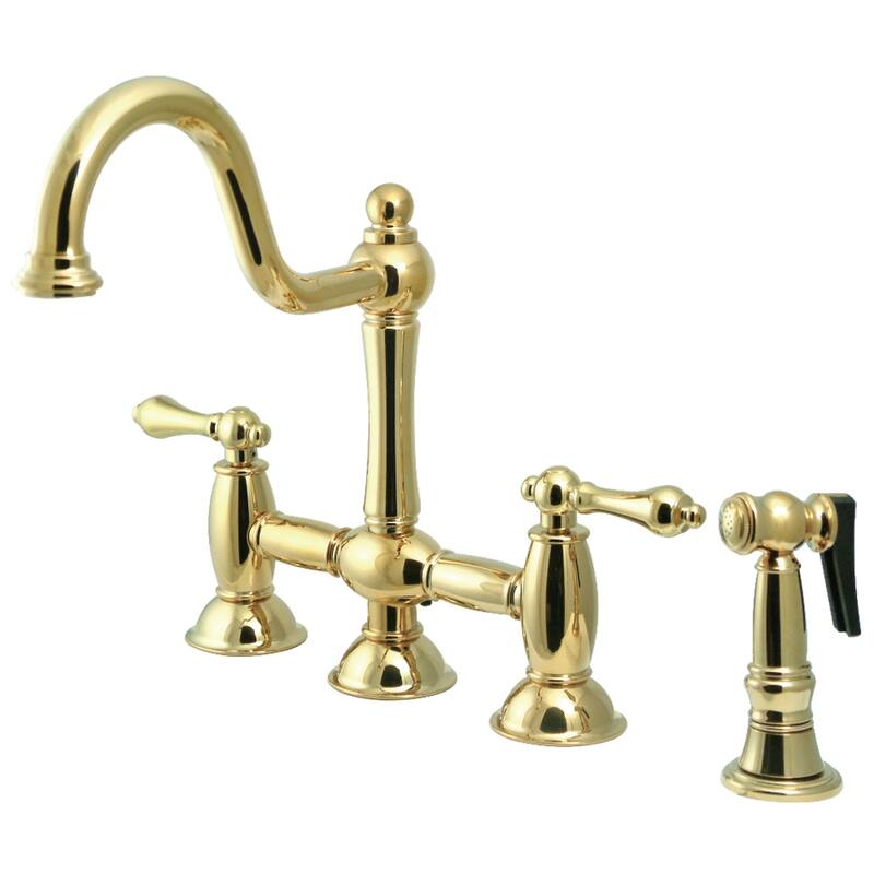 Kingston Brass Restoration Bridge Kitchen Faucet with Brass Sprayer - Polished Brass