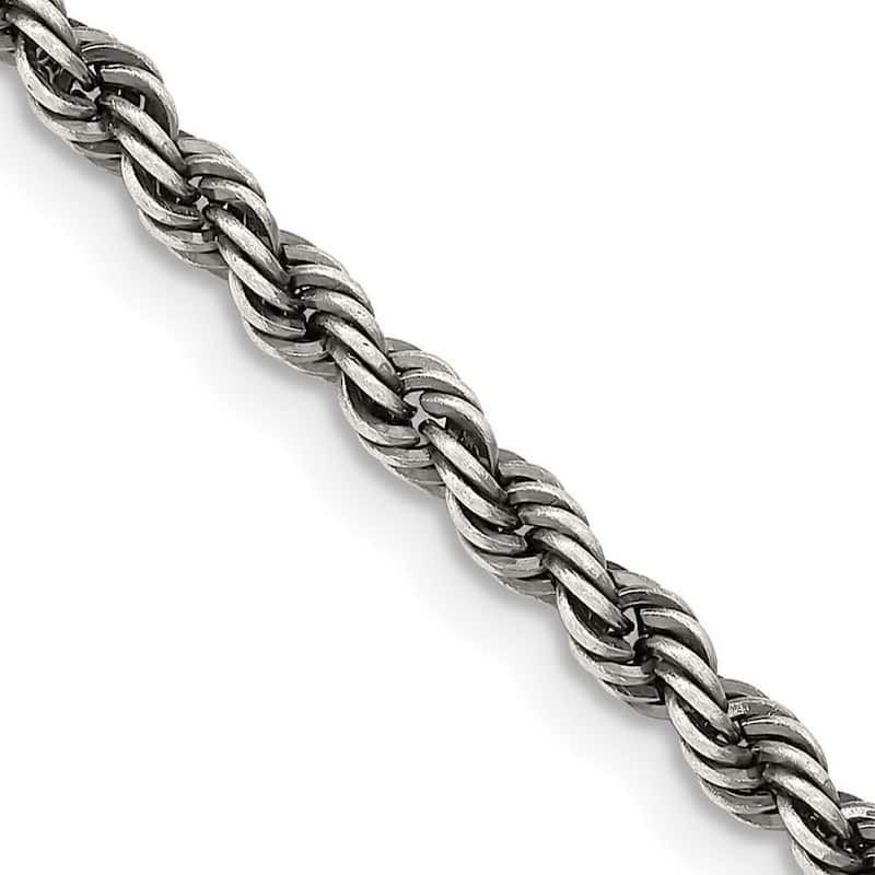 Curata 925 Sterling Silver Twisted Ruthenium plating Fancy Lobster Closure Ruthenium 3mm Rope Chain Necklace