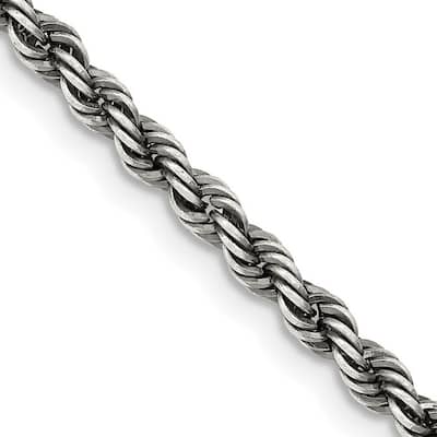 Curata 925 Sterling Silver Twisted Ruthenium plating Fancy Lobster Closure Ruthenium 3mm Rope Chain Necklace