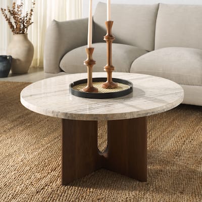 SAFAVIEH Couture Shayna Solid Wood/Travertine Coffee Table - 35Wx35Dx17H
