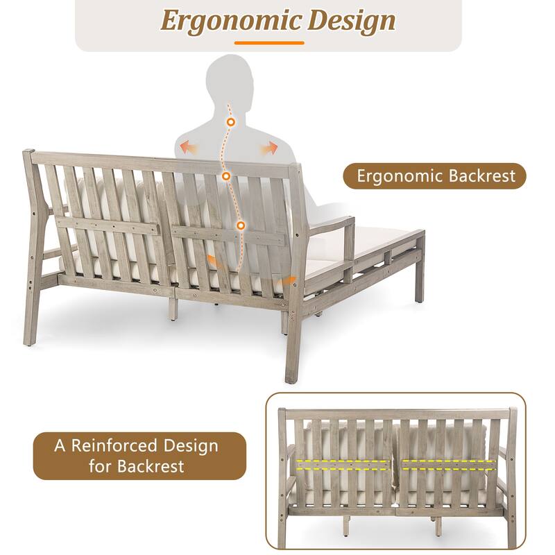 Outdoor Daybed, Patio Daybed with Four Pillows, Wooden Outdoor Bed with Curved Armrests for Poolside, Backyard, Garden