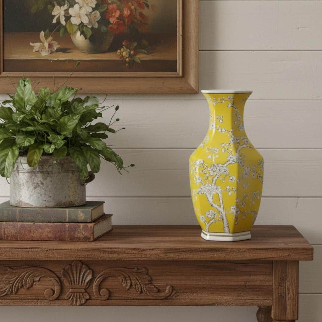 14" Yellow And White Chinoiserie Floral Porcelain Table Vase - 7.30