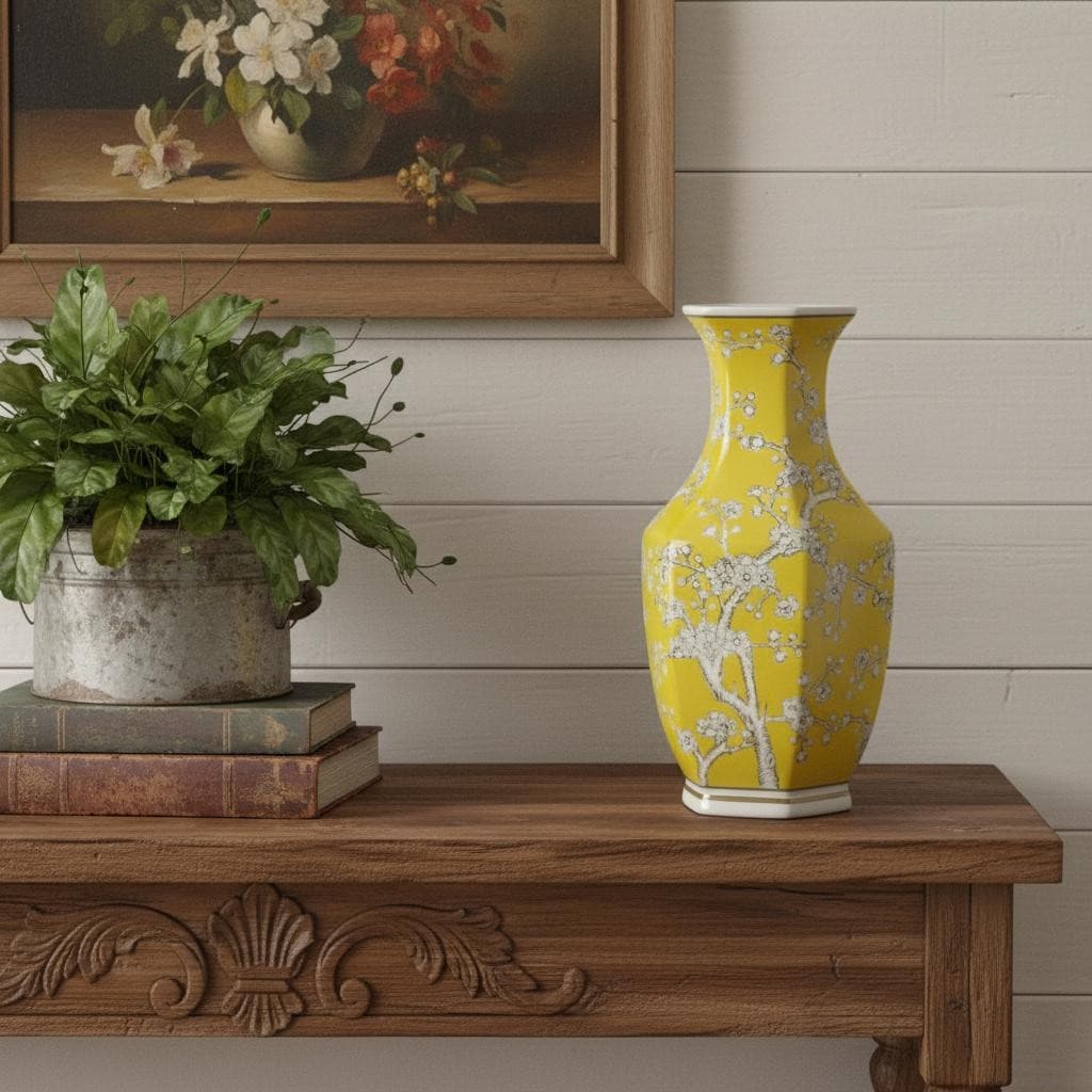 14" Yellow And White Chinoiserie Floral Porcelain Table Vase - 7.30