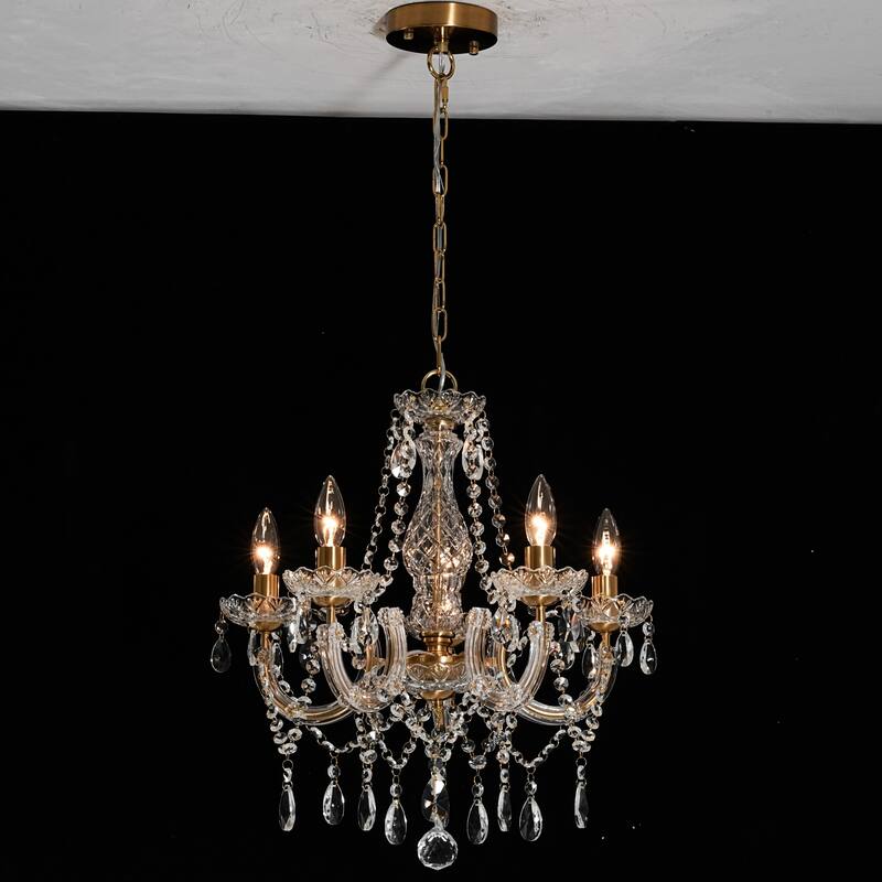 5-Light Luxury Glam Brass Finish Crystal Adjustable Hanging Chandelier for Living Room - 18.9 in. W x 19.3 in. H x 18.9 in. D