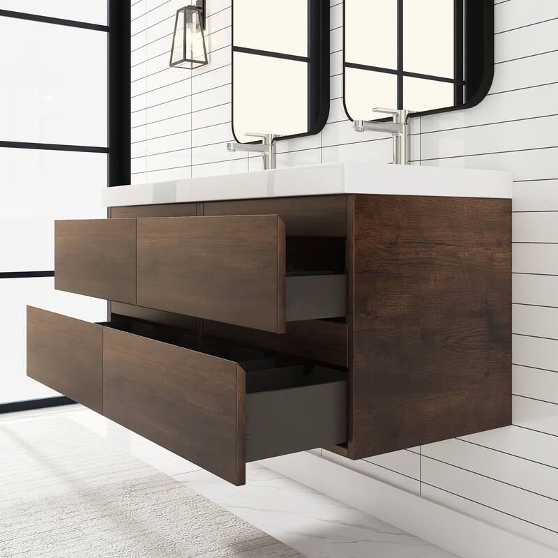 MDF Wall-Mounted Bathroom Vanity Set in Rose Wood with Integrated Culture Marble Sink