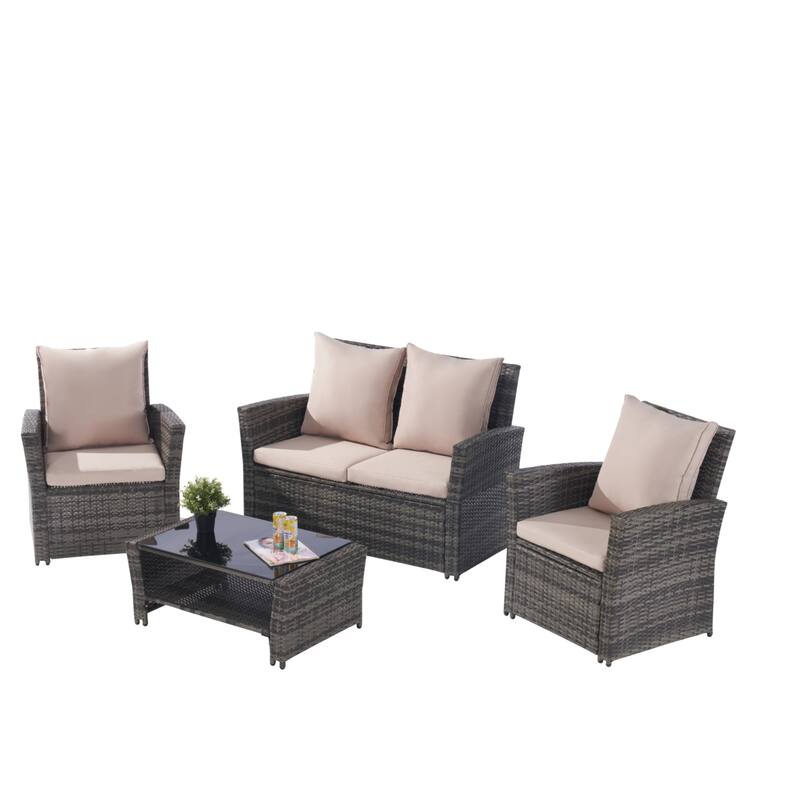 4-Piece Outdoor Patio Rattan Conversation Sofa Set with Tempered Glass Coffee Table