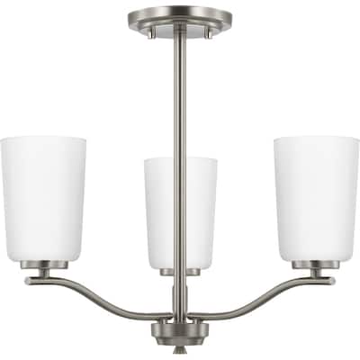 Adley Collection Three-Light Brushed Nickel Etched White Opal Glass New Traditional Semi-Flush Convertible Light