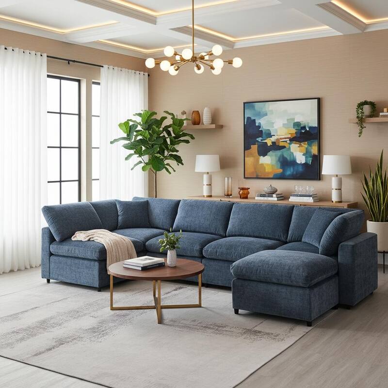6-Piece Modular Cloud Chenille Sofa Bed with Ottoman by Harper&Bright Designs. - DarkBlue.