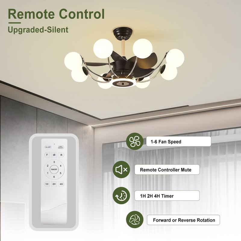 Indoor Black Modern Ceiling Fan with Light, Reversible Fandelier with Bulbs and Remote for Living Room