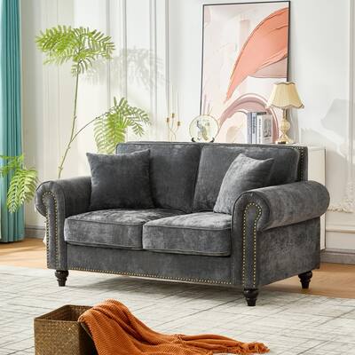 Loveseat with Rolled Armrest, Chenille Upholstered Fabric Sofa, 2-Seater Couch with Solid Wood Legs & Nailhead Trim