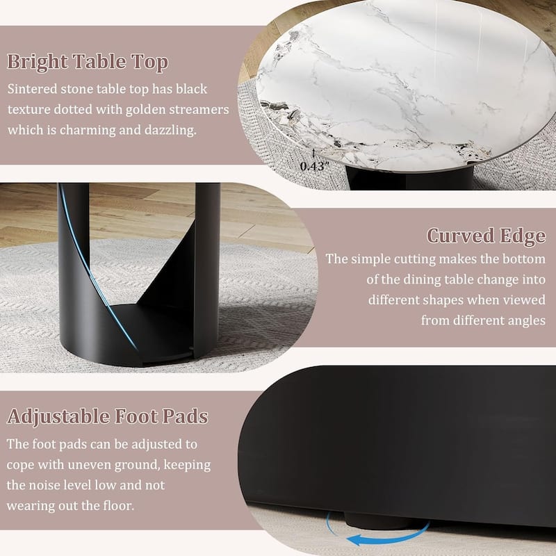 White Round Sintered Stone Dining Table with Matte Black Sandblasted Texture Base