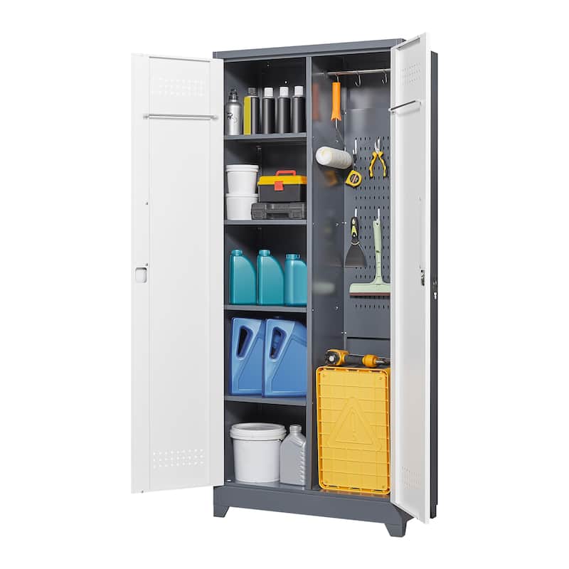 Metal Cleaning Tool Cabinets With Locking Doors, High Broom Tool Storage Cabinets, Adjustable Shelves