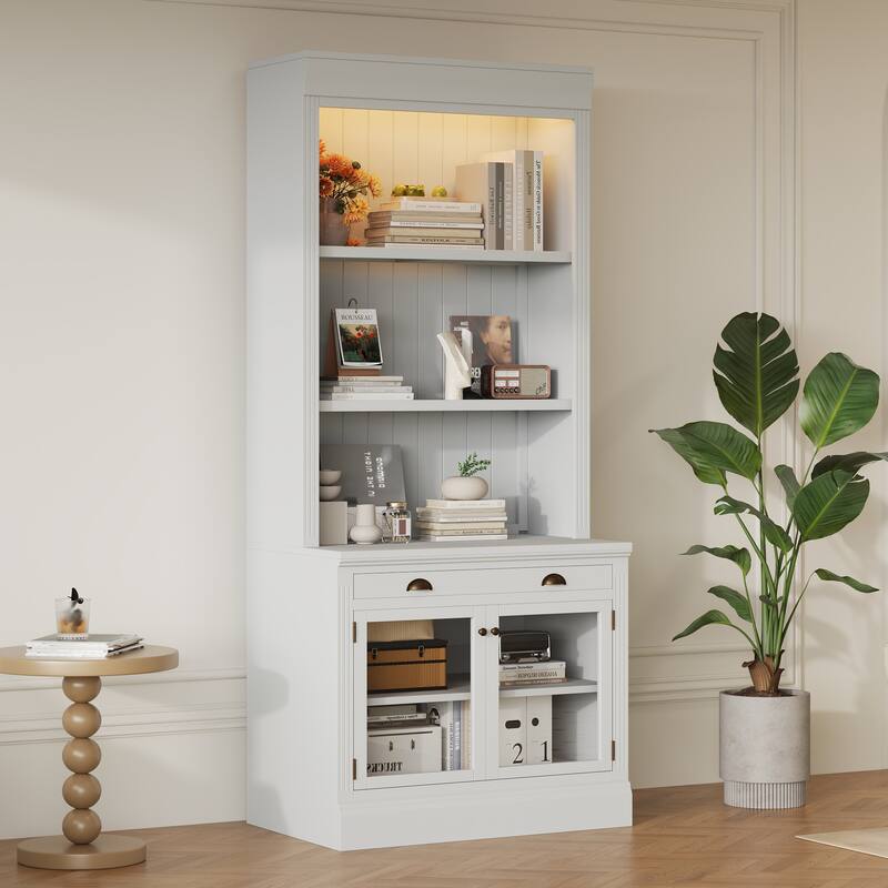 83.4" Contemporary Glass Door Bookcase with LED Lights & Drawer - Elegant Display Storage Shelf for Living Room and Study Room - White