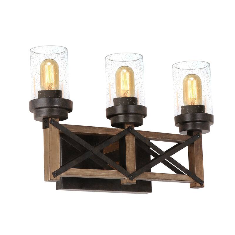 Farmhouse 3-Light Distressed Wood Bathroom Vanity Light Linear Wall Sconces with Cylinder Glass - 18.9" L x 6.3" W x 11.8" H