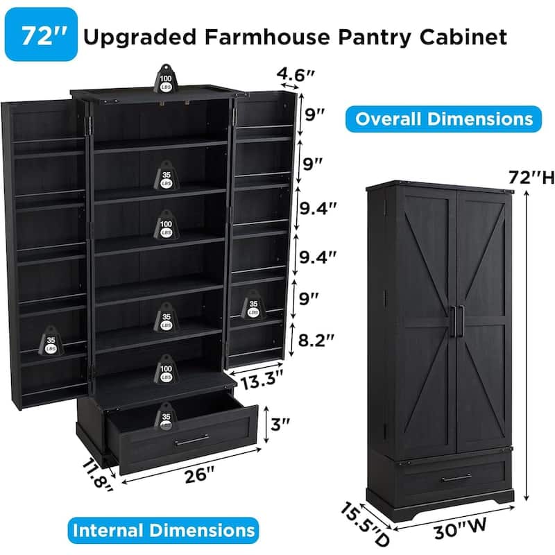 72" Farmhouse Kitchen Pantry Cabinet, Tall Storage Cabinet, Cupboard