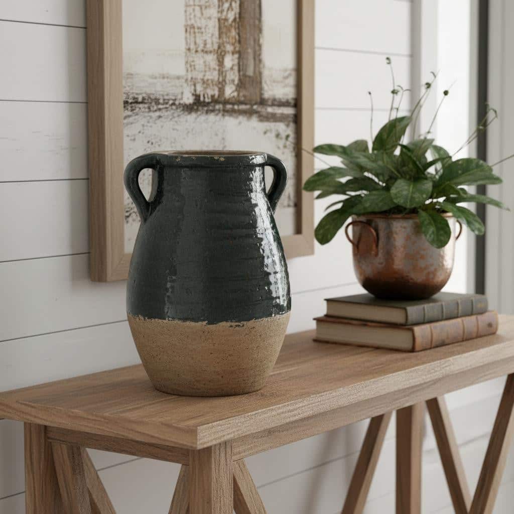 13" Forest Green And Sand Color Block Terracotta Round Jug Vase - 9.50