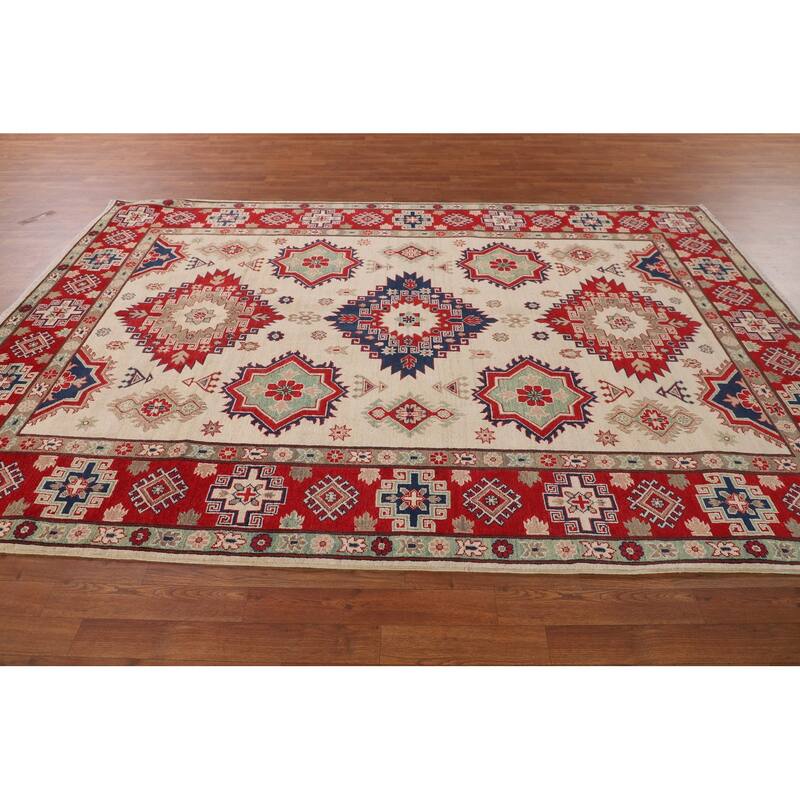 Ivory Kazak Oriental Area Rug Hand-Knotted Wool Carpet - 6'7" x 9'8"