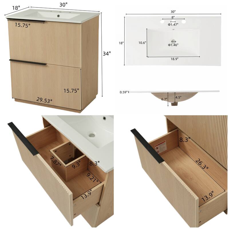 30" Bathroom Vanity with Ceramic Sink and Full-Extension Drawers, Soft Close Undermount Drawer Slides, Fluted Design, Natural