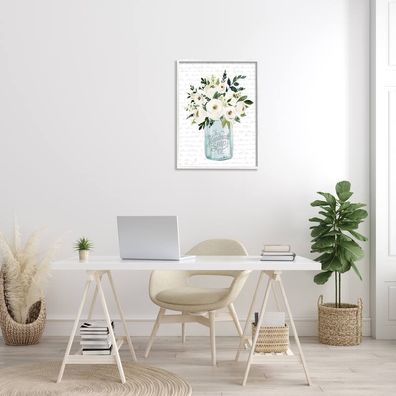 Stupell White Blooms Flower Bouquet Classic Jar Script Framed Wall Art, Design by Lettered and Lined - Off-White