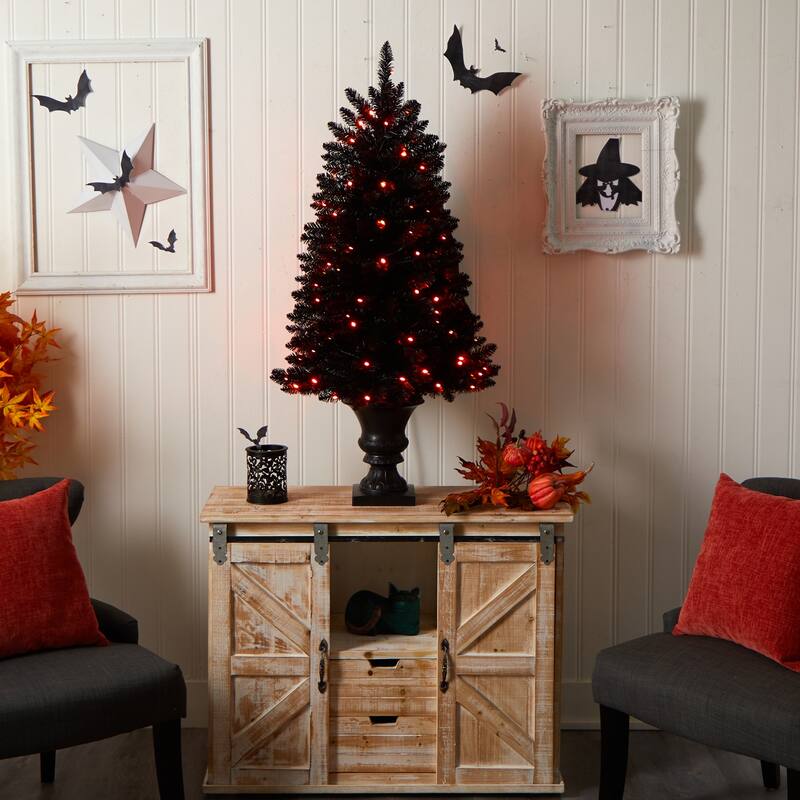 4 Ft Black Artificial Christmas Tree with Orange Lights - City Chic Holiday Decor for Parties - 48