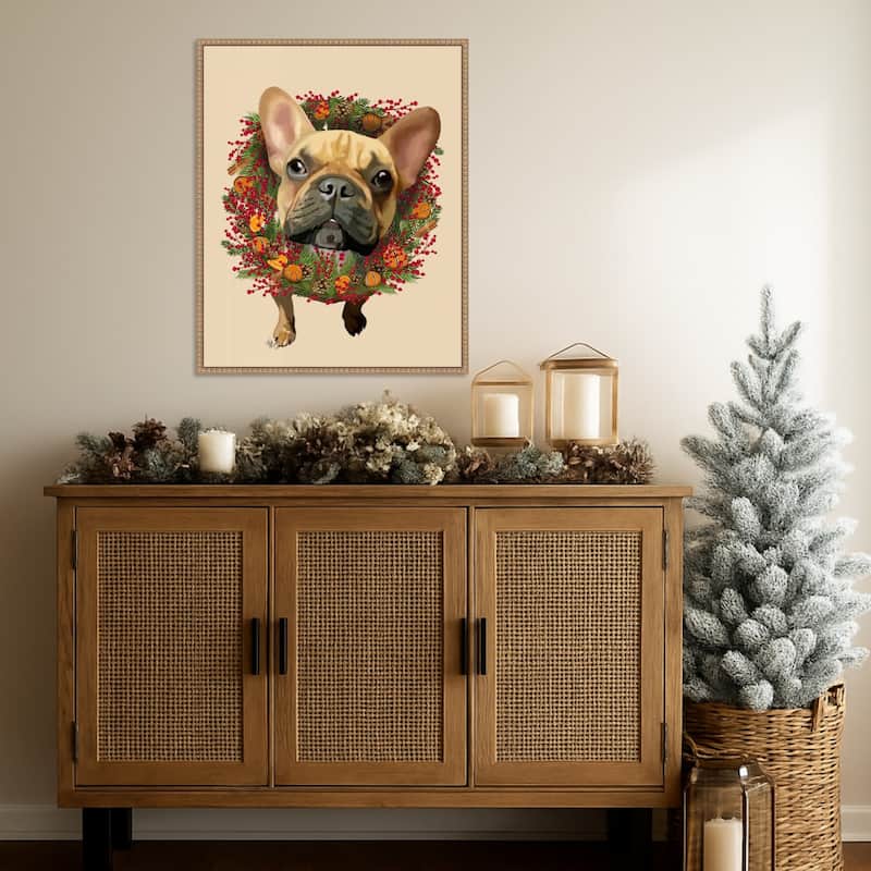 French Bulldog Cranberry Wreath by Fab Funky (23 x 28 in.), Framed Canvas Wall Art Print - Sylvie Beaded Rustic Natural