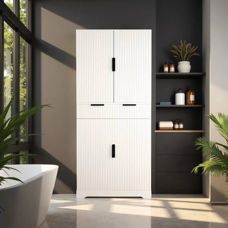 72"H bathroom storage Cabinet with 3 Keyboard Drawers, 6 Door Shelves Adjustable, a slide-out drawer
