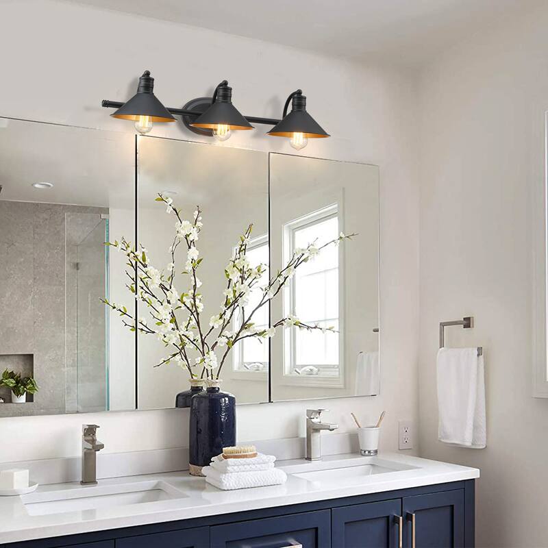 3-light Vanity Light with Matte Black finish and Gold Painting Inside
