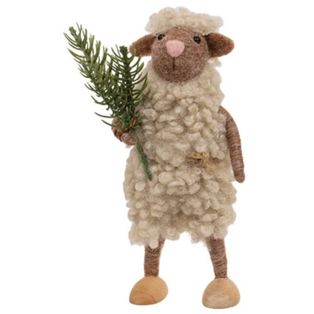 Sheep with Sprig Felted Ornament for Christmas Tree Decoration - 2.50" x 2" x 5.50"