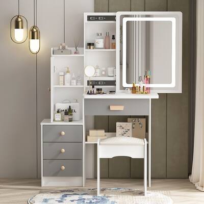 Makeup Vanity Set with Sliding Lighted Mirror & Stool - Hidden Shelves - 33"L x 15.7"W x 52.4"H