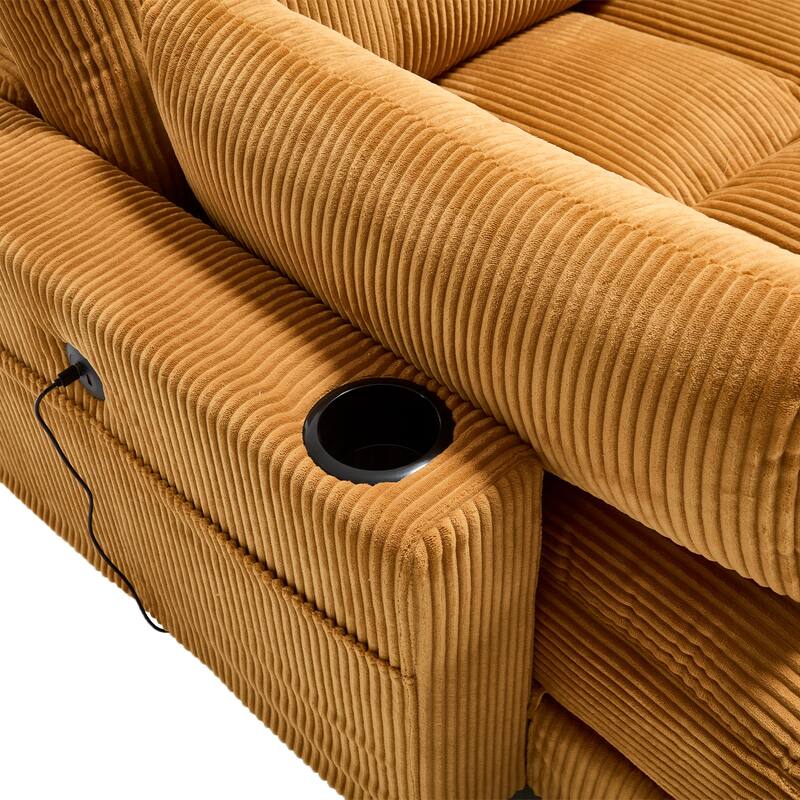 Oversized Corduroy Upholstered Single Chaise Lounge Sofa Couch Switchable Armrest with Cup Holders, USB Ports and Pockets