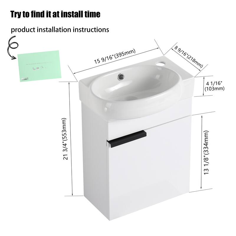 Malwee 16" Floating Bathroom Vanity, Mini Wall Mounted Bathroom Vanity with Ceramic Sink and Soft Close Door