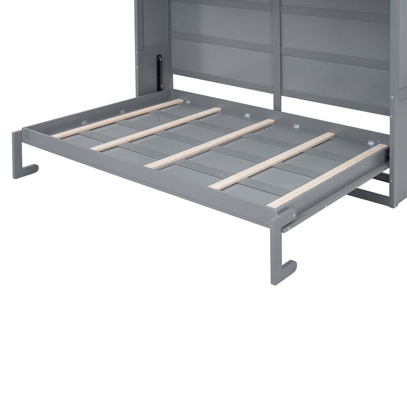 Queen Size Wall Bed with Storage Cabinets, Space-Saving Foldable Murphy Bed in Gray