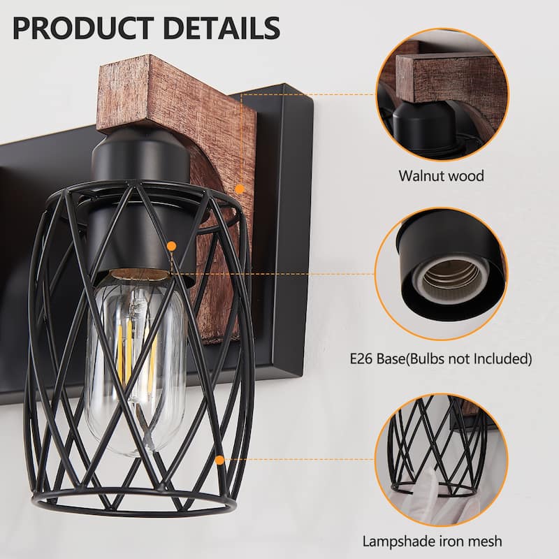 7-Light Industrial Wall Sconce - Black Cage - Wood - Bathroom Hallway(Bulb Not Included)