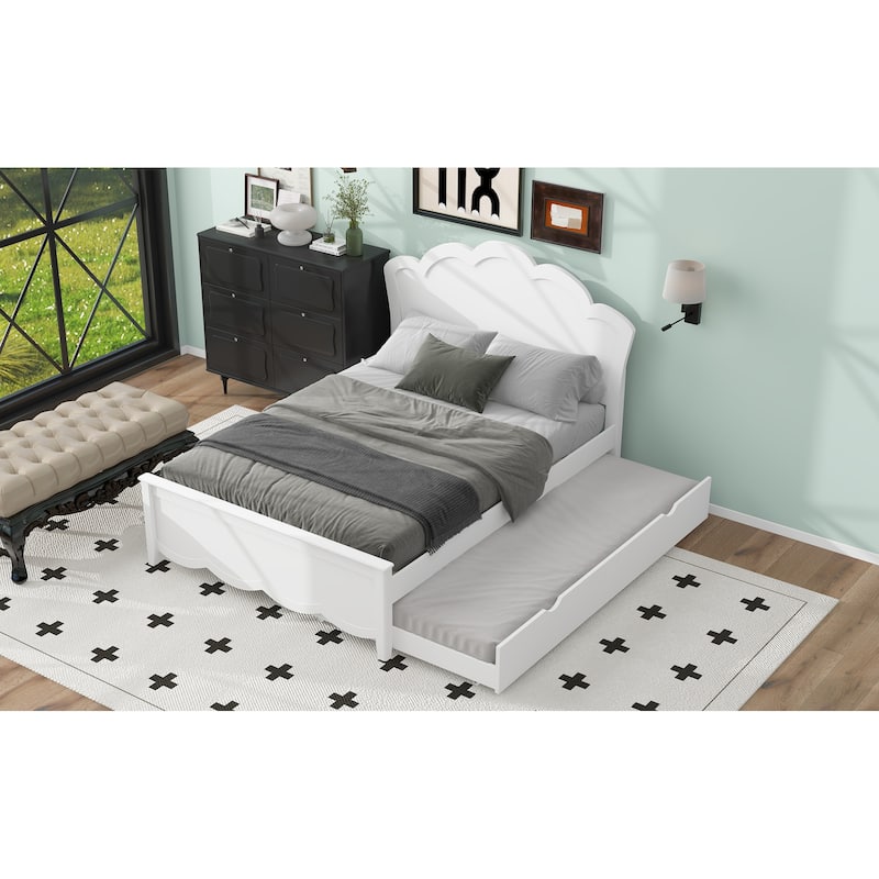 Solid Wooden Bed Frame, Full Size Platform Bed with Headboard and Pull-out Trundle Bed for Bedroom, Apartment, Natural