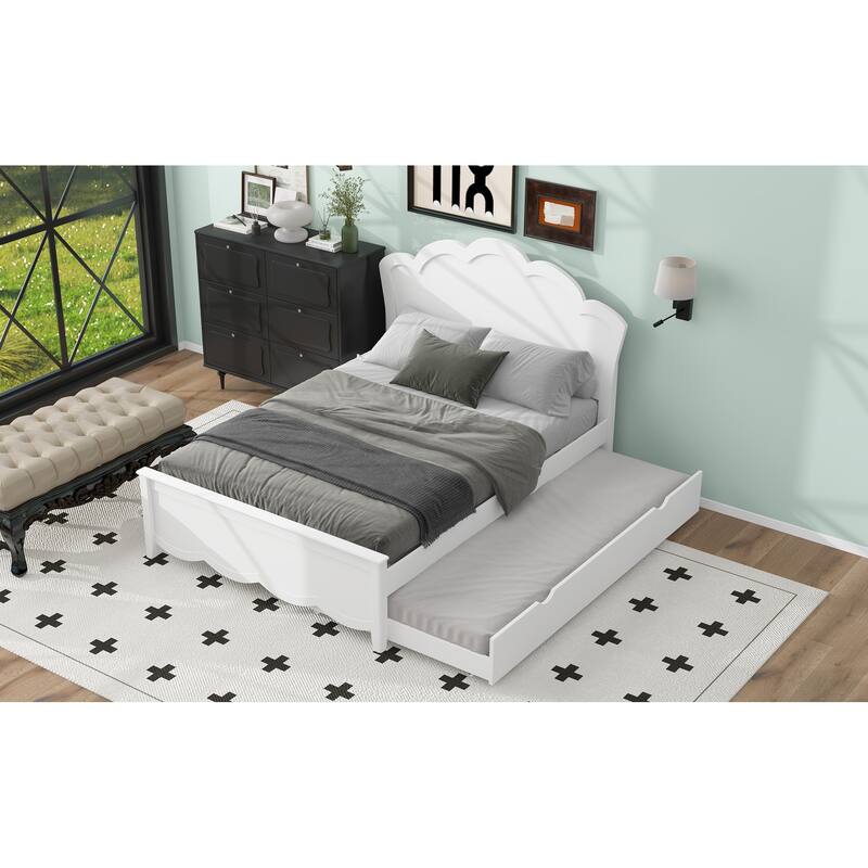 White Full Size Wood Platform Bed with Headboard and Twin Trundle