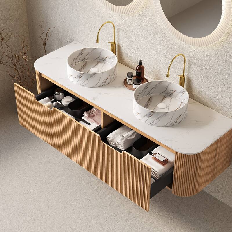 GDFStudio - Dina 60" Curved Edges Striped Bathroom Vanity with 2 White Stone Ceramic Basins, 2 Drawers, NO Faucet