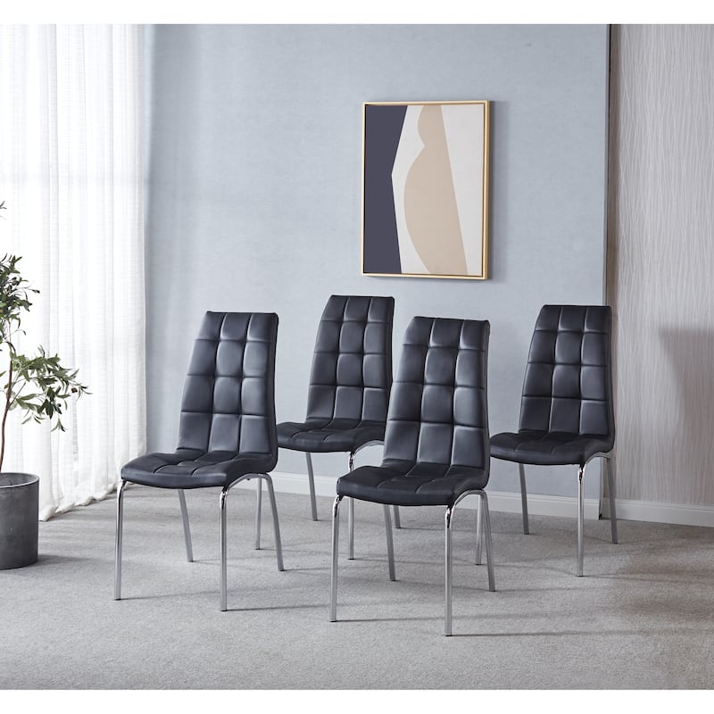 Set of 4 Modern Lattice Design Leatherette Dining Chair with Metal Legs - Black+Silver