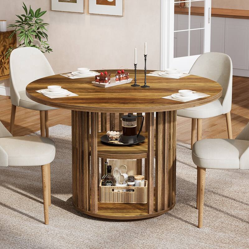 47 Inch Round Dining Table with 2-tier Storage and Solid Wood Base - 47.24" D x 47.24" W x 29.53" H